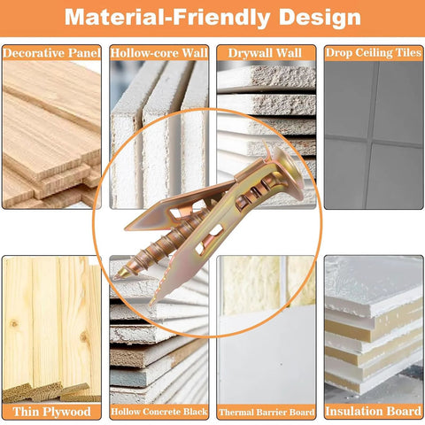 2025 Upgraded Drywall Anchors Kit With Screws, 200 Pcs Self Drilling Sheetrock Anchors And 100 Pcs Screws shown with compatible materials