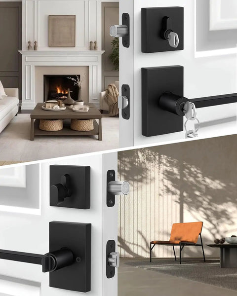Secure Your Curb Appeal For Keeps With This Tough As Nails Black Exterior Door Handle Pairing A Smooth Single Cylinder Deadbolt For Maximum Security Quick Install And Peace Of Mind viewed on a door in a modern living room setting.