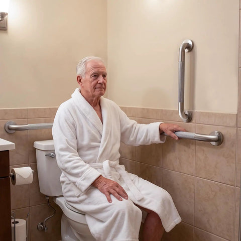 Super Sturdy 24 Inch Stainless Steel Shower Grab Bar That Actually Holds Tight Wall Mounted Bathroom Safety Rail For Seniors Heavy Duty Non Slip Supportive Handrail Straight Up Reliable installed near toilet with senior using it.