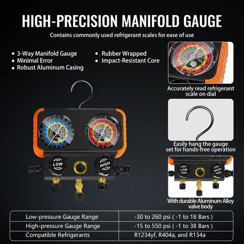 R1234yf Auto HVAC Vacuum Pump And Gauge Kit With 4.5 CFM Leak Detector Can Tap Quick Couplers And Three Way Manifold For R1234yf R404a R134a manifold gauge with pressure scales and robust casing
