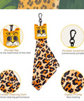 Glasses cleaning cloth set: four leopard-print microfiber cloths with orange animal-face storage pouch and carabiner