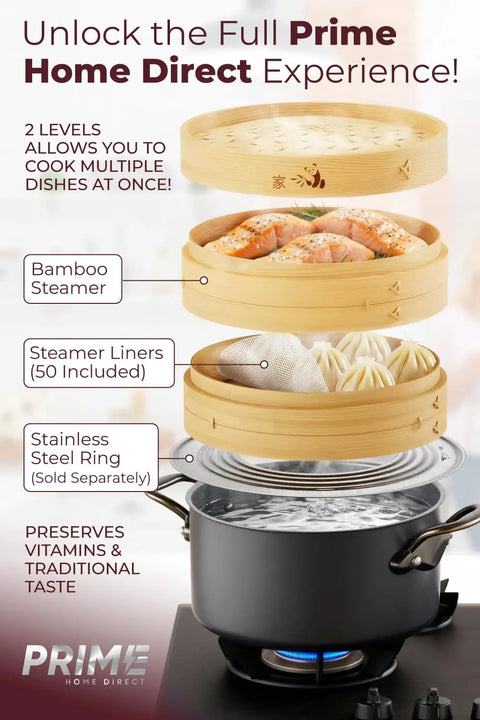 8 Inch Bamboo Steamer Basket With 50 Liners, Organic Kitchen Workhorse For Veggies Rice Dim Sum, steaming salmon on a stovetop.