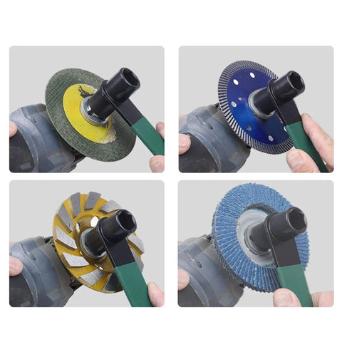 No Sweat Dual Tip Angle Grinder Wrench With Anti Slip Handle Chromium Vanadium Steel Four Claw Hex Socket Disc Change Tool in use with various discs.