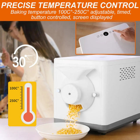 The Real Deal Smart Coffee Roaster, 1500 Gram Capacity With Digital Temp And Timer Display, showing digital temperature control and feed port.