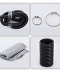 Contractor Grade 1600W Dual Purpose Blower And Vacuum Packs A Punch As An Industrial Dust Collector With Universal Suction For DIY Crews Plus Garage Cleanups accessories including hose, clamps, fabric, and additional tubes.