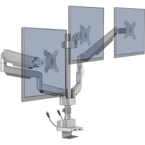 Clean Workspace Upgrade Featuring Versatile Triple Monitor Pole Stand with USB ports, gray metal mount and adjustable arms.