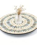 13.4 Inch Round Mother Of Pearl Lazy Susan With Dot Blue Shell Design Hella Smooth Rotating Turntable Tray showcasing decorative pattern with vase
