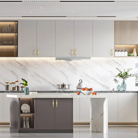 Modern kitchen with Straight Up Premium Brushed Gold Cabinet Pulls And Drawer Handles For Kitchen Cabinets And Cupboards Sweet 3 Inch.