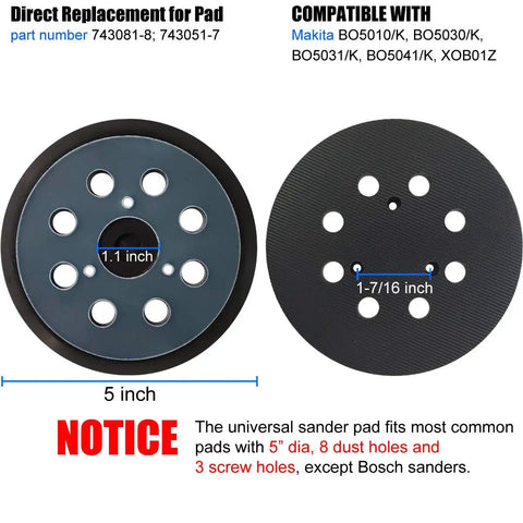 5 Inch Hook And Loop Sander Pad For Orbital Sanders, Pro Grade, Replacement Standard Pad with 8 Dust Holes and 3 Screw Holes