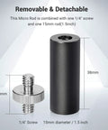 Straight Up Solid 15mm Micro Rod For Camera Rigs, 1.5 Inch Durable Aluminum Mounting Bar with 1/4 screw and dimensions.