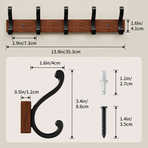 Dimensions and close-up detail of Solid Wood Wall Mounted Coat Rack With Five Heavy Duty Metal Hooks Holds Up To 25 Lbs Each For Hats Coats Towels Backpacks And Keys In The Closet Entryway Bedroom Or Bathroom 2 Pack.