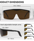 Top Shelf 1064nm Laser Safety Glasses Featuring OD4 Plus Lens Shield For Fiber Marking And Engraving Built Tough As Nails To Crush Daily Fog And Deep Scratches, showing dimensions and adjustable temple arms.