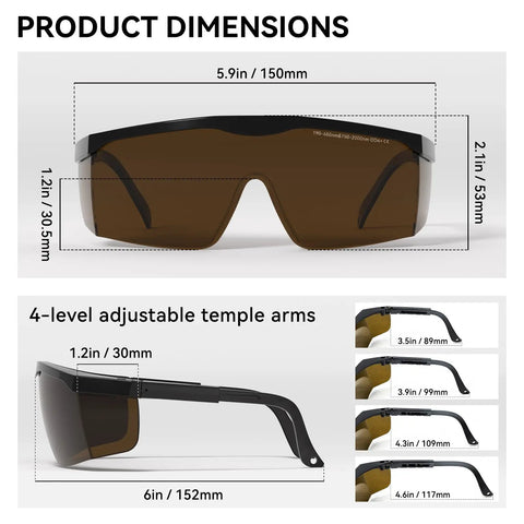 Top Shelf 1064nm Laser Safety Glasses Featuring OD4 Plus Lens Shield For Fiber Marking And Engraving Built Tough As Nails To Crush Daily Fog And Deep Scratches, showing dimensions and adjustable temple arms.