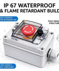 Heavy Duty Emergency Stop Switch With Weatherproof Box, 660V 10A Red E Stop Button, IP67 Rated 1NC 1NO Contacts in sealed housing.