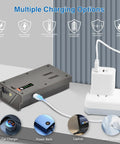 Rock Solid 2 Pack Replacement Batteries For Tactacam Reveal Trail Hunting Cameras With Slick USB C Rapid Charging connected to wall charger.