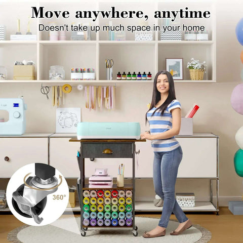 Mobile Craft Cart Organizer With Wheels For Cutting Tools Machines Vinyl Rolls And Heat Press Stand in a craft room setting