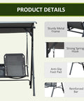 Two Seater Patio Swing Chair With Canopy And Storage Table For Backyard Hangouts, sturdy metal frame, reinforced bar, gray