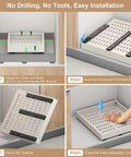 Kickass Pull Out Cabinet Organizer With No Sweat Adhesive Mount For Kitchens Expandable From Fourteen To Twenty One Inches Wide And Seventeen To Twenty Four Inches Deep Easy DIY Placement showing installation steps.