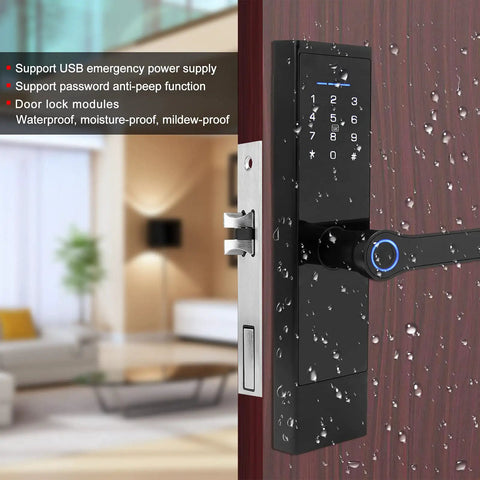 Rugged Keyless Entry Smart Door Lock With Fingerprint IC Card Password And App Control For Home Security shown on wooden door.