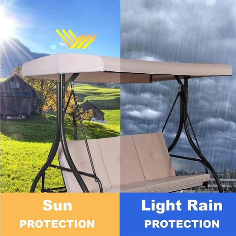 Waterproof Outdoor Swing Canopy Replacement For 2 To 3 Seater Universal Patio Cover Khaki 79x49 Inches Durable Tear Resistant Top For Porch Garden And Outdoor Swing Sets showing sun and rain protection.