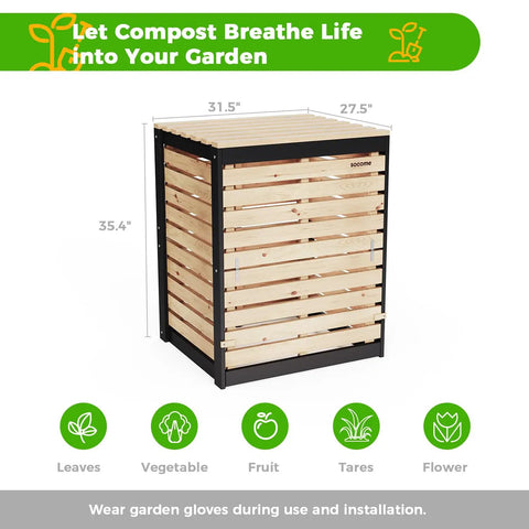 Front view of 130 gallon solid wood compost bin with pull out door for backyard garden and patio, built tough outdoor composting bin.