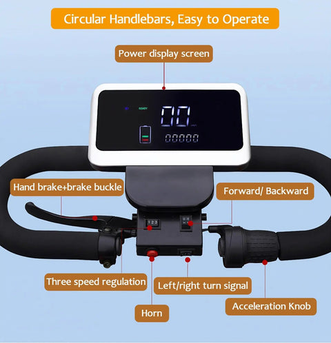 Handlebars of 25 Mile Range 4 Wheel Mobility Scooter For Adults And Seniors showing power display, joystick, horn, and controls.