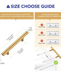 Size guide for Top Shelf Slick Brushed Brass Cabinet Handles, showing hole center and overall dimensions for installation.