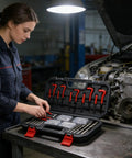 Professional Thread Repair Kit With Precision M5 To M12 Inserts on a workbench, organized in a heavy-duty case, used by a mechanic.
