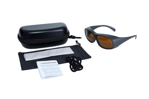 Heavy Duty Laser Safety Glasses For Tattoo Removal Showing Foolproof Od5 Plus Protection Across Key Wavelengths With Tough As Nails Build Quality Delivering Kickass Eye Shielding For Dependable Medical Equipment Use in a black case with cleaning cloth.