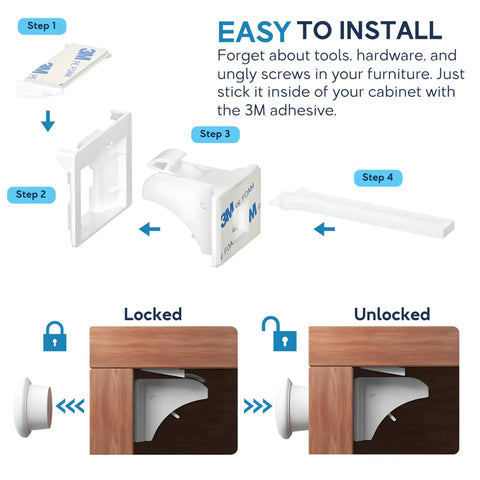 Installation steps for 12 Pack Magnetic Cabinet Locks With Keys For No Drill Child Safety Locks For Cabinets And Drawers With 3M Adhesive.