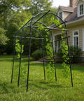 7.5 Foot Metal Garden Arch Trellis Arbor With Netting in a garden setting, vines climbing, adjustable width pergola