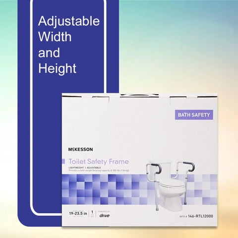 Adjustable Toilet Safety Frame And Rail With Padded Waterfall Armrests Gives You Straight Up Stable Balance As A No Fuss Heavy Duty Bathroom Assist Handle For Seniors packaging showing adjustable width and height features.