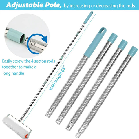 Self Leveling Tools Kit With 10 Inch Spiked Roller And 62 Inch Extension Pole parts, showing adjustable sections