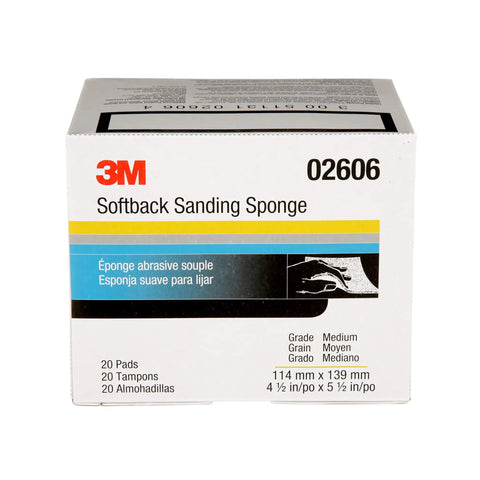 Box of Softback Sanding Sponge Set, 20 Pack, Medium Grit for Wet or Dry Sanding, showing product details and dimensions.