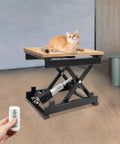 Rock Solid Electric Scissor Lift Table 130 Pound Capacity Adjustable Hydraulic Lifting Platform With Wireless Remote for shop use with cat on surface.