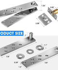 Rock Solid Heavy Duty Hidden Pivot Door Hinge Featuring Dead Smooth 360 Degree Ball Bearing Rotation For Secret Pantry Closet Doors, size details shown.