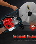 Professional Grade 52CC Two Stroke Gas Concrete Cutting Saw Featuring A Rugged Workhorse Design With 13 Inch Diamond Blade And Sturdy Rubber Wheels For Quick Slab Jobs, showing ergonomic grip and handle.