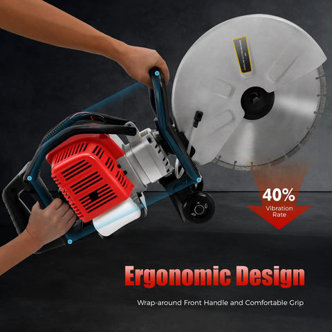 Professional Grade 52CC Two Stroke Gas Concrete Cutting Saw Featuring A Rugged Workhorse Design With 13 Inch Diamond Blade And Sturdy Rubber Wheels For Quick Slab Jobs, showing ergonomic grip and handle.