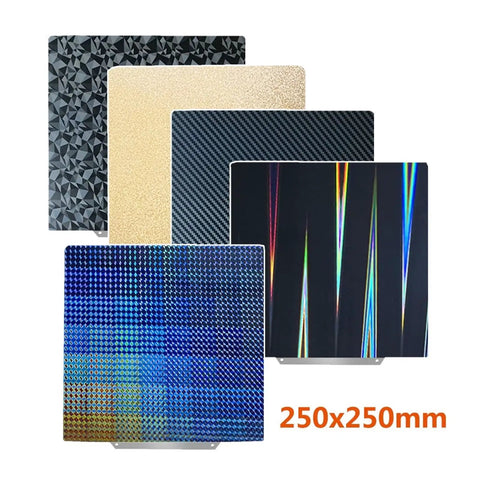 Dual Sided Pei Spring Steel Build Plate With Textured And Smooth Finish For Zero Warping Broad Filament Compatibility Snap In Design Fits M5 Q1 Pro 3D Printers The Ultimate Game Changer, showing various finishes in 250x250mm size.