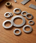 Rock Solid Heavy Duty Wedge Lock Washers Din 25201 Vibration Proof Double Sided Fasteners 304 Stainless Steel Ten Pack on wood.