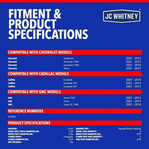 Fitment and product specifications chart for Hella Durable Front Wheel Bearing And Hub Assembly Pair With Abs Sensor for various Chevy, GMC, and Cadillac models.
