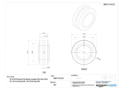 Unsealed Spherical Plain Bearing With 20mm Bore And 35mm Outer Diameter line drawing dimensions and specifications.