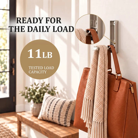 Top Shelf Fold Down Wall Hooks For Heavy Jackets And Keys Set Of Four Brushed Silver Zinc Alloy Rectangular Rack For Entryway Mudroom Slim Space Saver No Sweat Setup with 11lb capacity