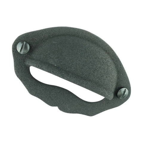 Badass Wrought Iron Cup Bin Pull featuring rock solid construction, matte black finish, 3x2 inch size for cabinets.
