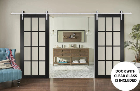 Heavy Duty Sliding Double Barn Door Kit With Clear Glass Steel Panels And Quiet Roller Silver Rail No Sweat Interior Hardware Package showcasing two black sliding doors.