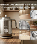 1.7L Large Electric Kettle With Thermometer, 1200W Fast Boil, Auto Shut Off, 304 Stainless Steel, showing design features