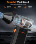 Diagram of MegaFlow 50 Compressed Air Duster showing 3 gear levels with 110000 RPM turbo power for PC and home cleaning.