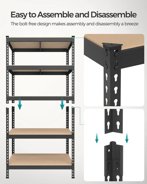 Rock Solid Steel Shelving Rack Set Of Two With Five Adjustable Levels showing boltless design for easy assembly, featuring sturdy metal frame and wood shelves.