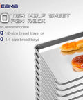 Built Tough Ten Tier Rolling Sheet Pan Rack Aluminum Bun Baker Shelf With Swivel Wheels Rust Resistant stacked with food items.