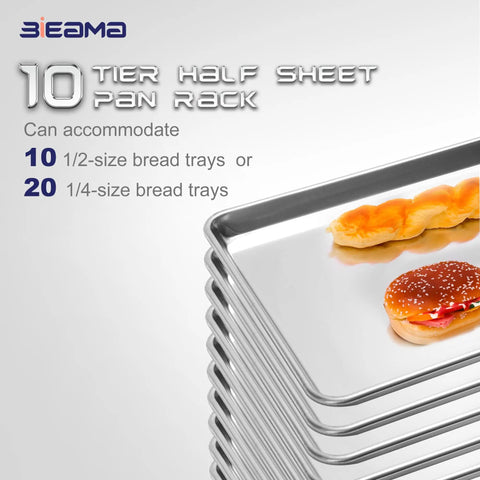 Built Tough Ten Tier Rolling Sheet Pan Rack Aluminum Bun Baker Shelf With Swivel Wheels Rust Resistant stacked with food items.